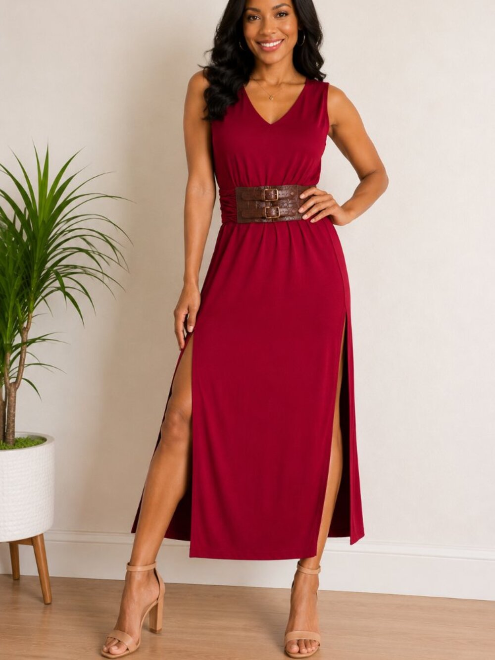 NWT New York & Company Red Maxi Dress L Belted Double Side Slit V Neck Size L